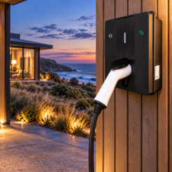 Smart ev charger mounted in the back of an open garage