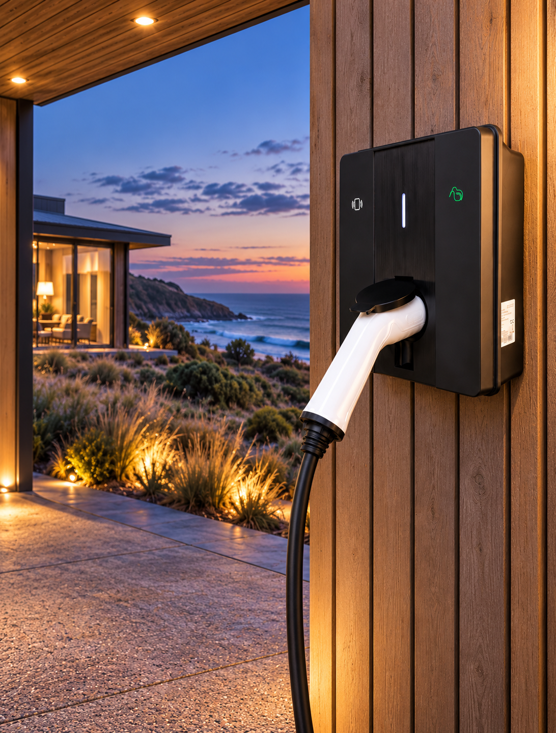 Smart ev charger mounted in the back of an open garage