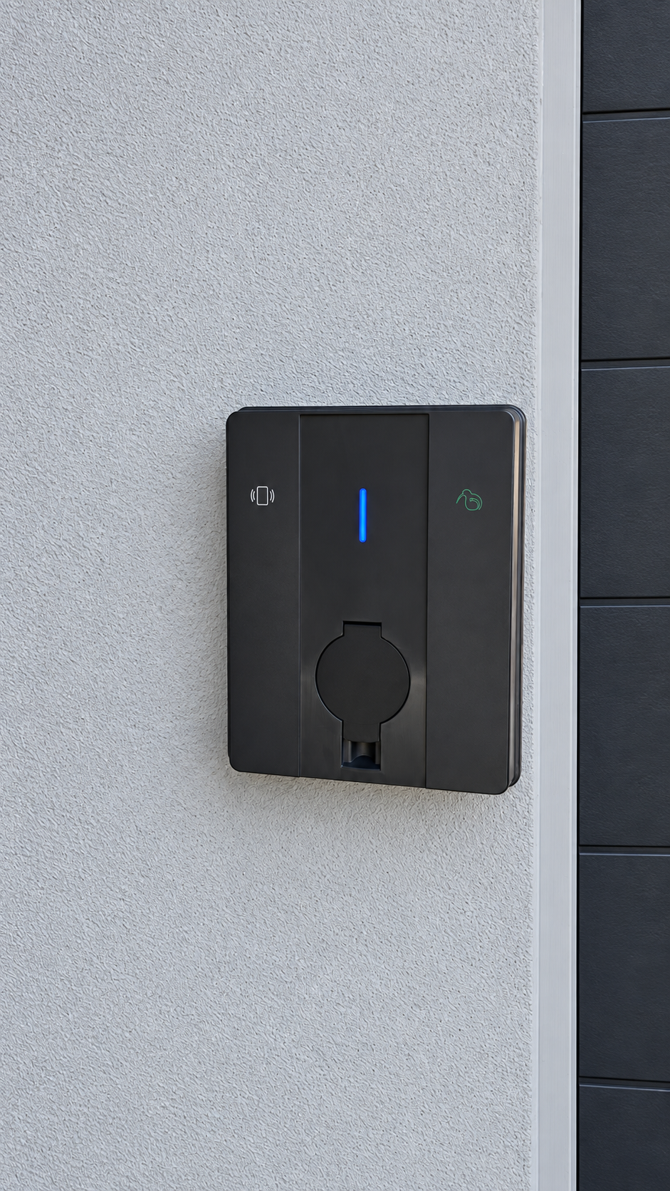 Smart EV wall chagrer mounted beside a garage
