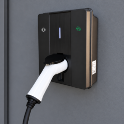 Smart EV wall charger with a Type 2 cable plugged in