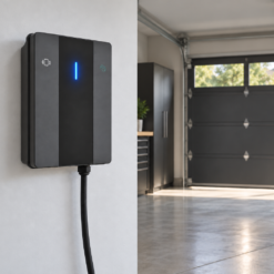 Smart ev wall chagrer mounted in a garage