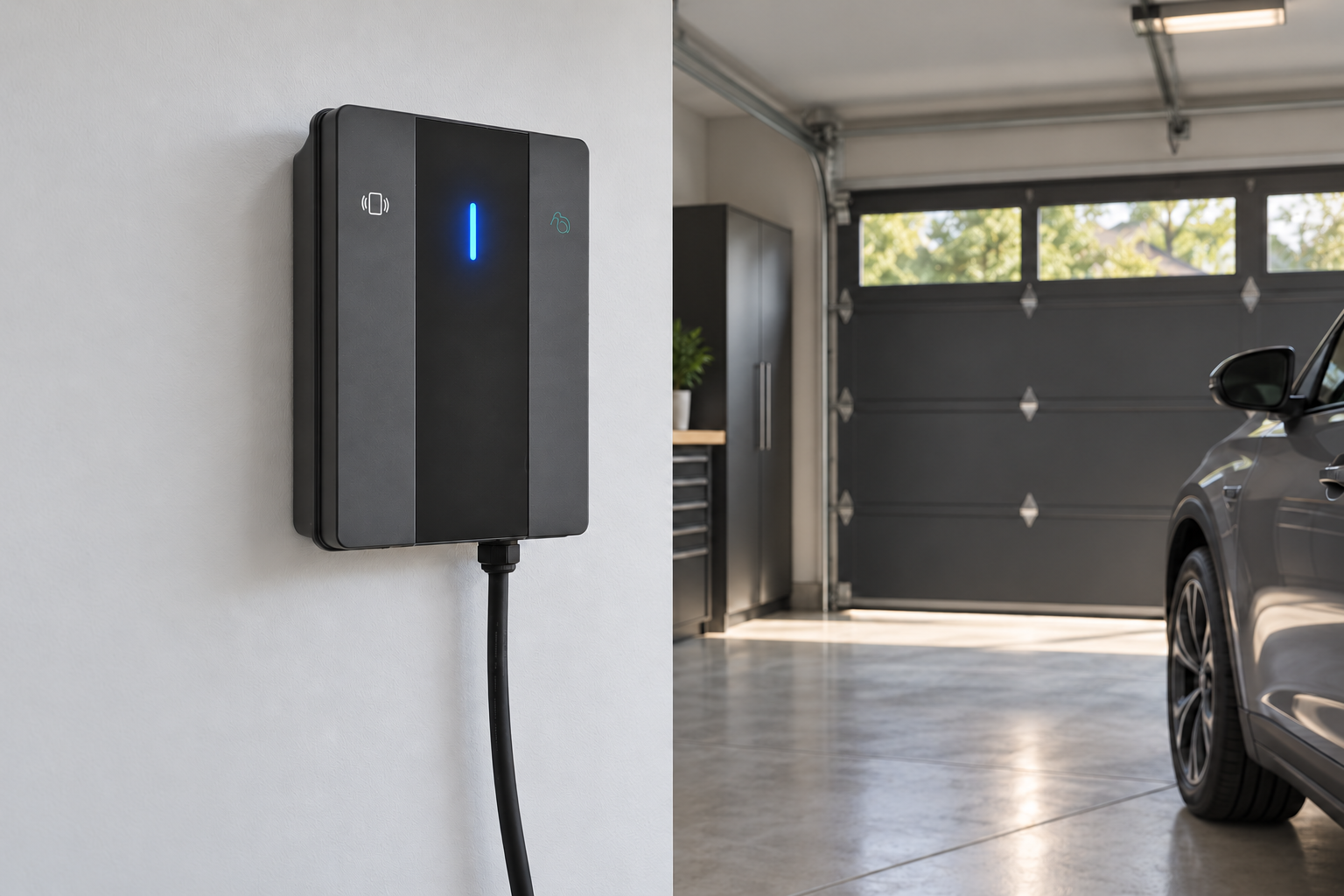 Smart ev wall chagrer mounted in a garage
