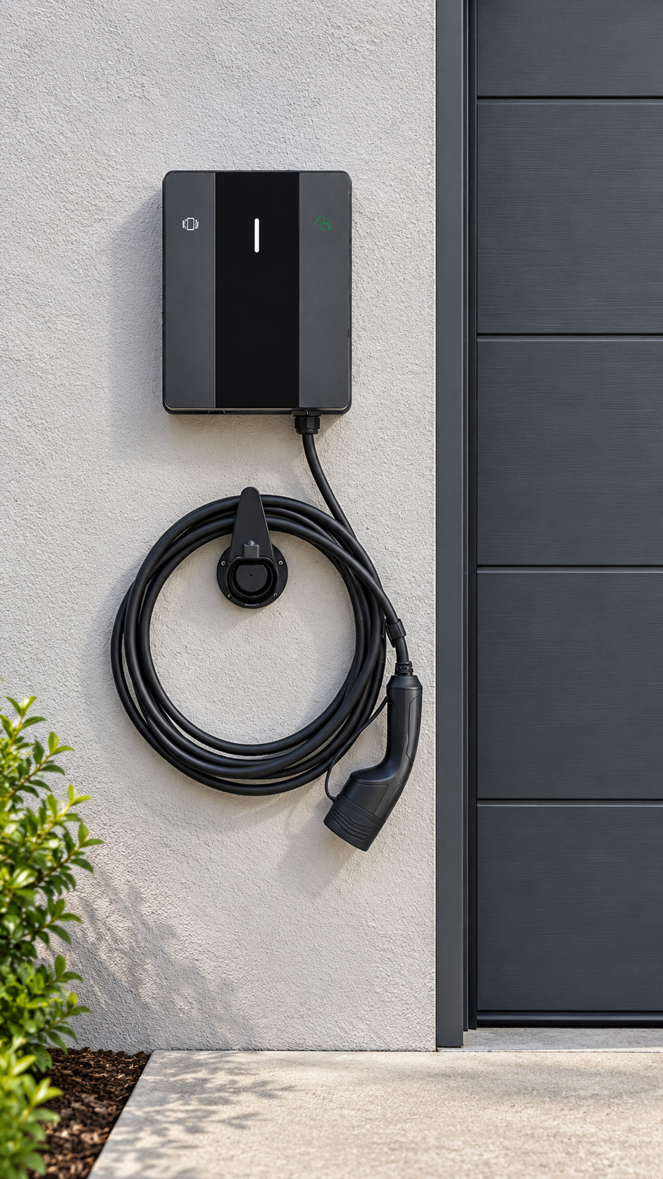 Smart ev charger mounted beside a garage